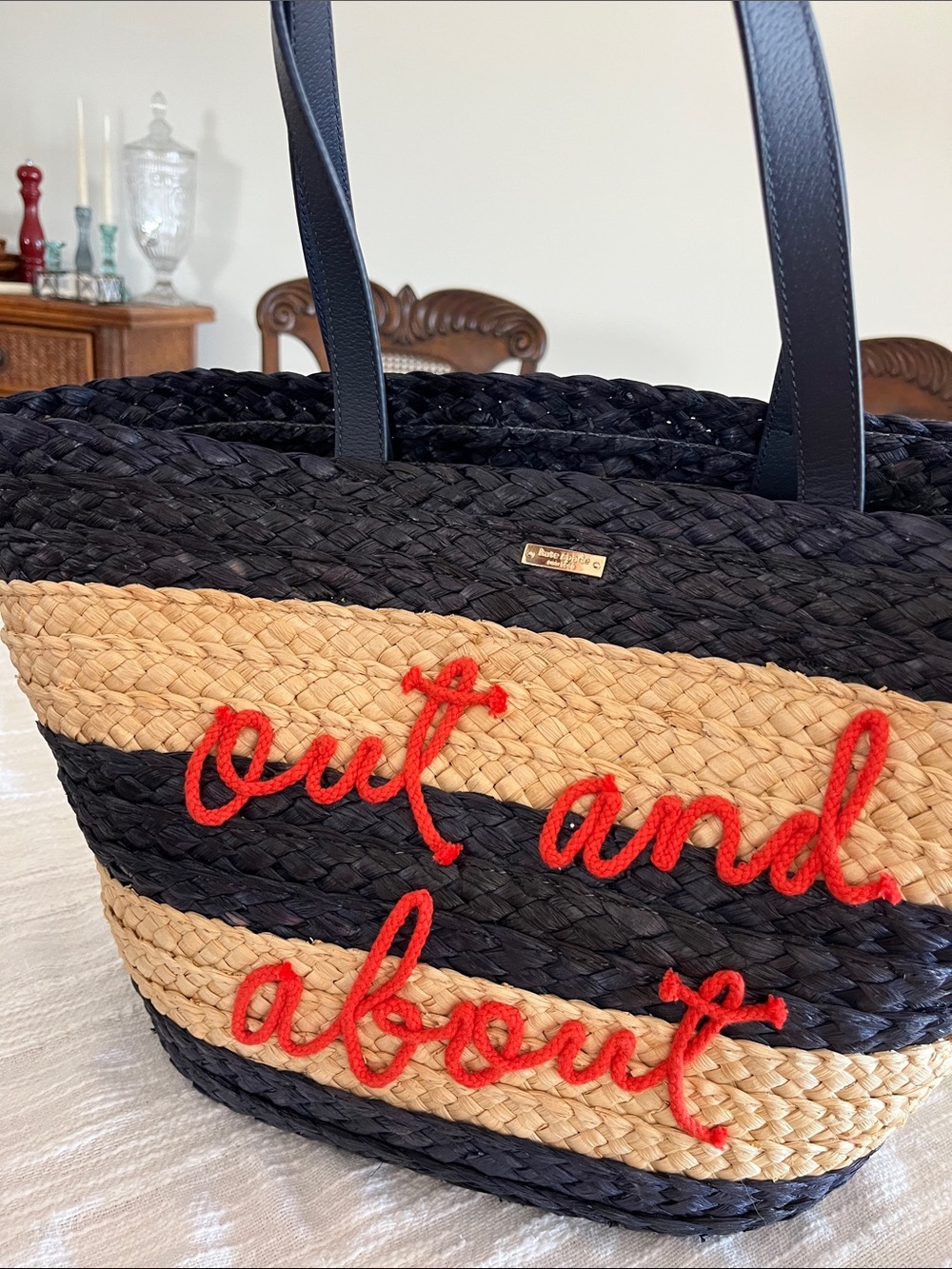 kate spade Navy  and Natural Straw Stripe Tote with Red Script